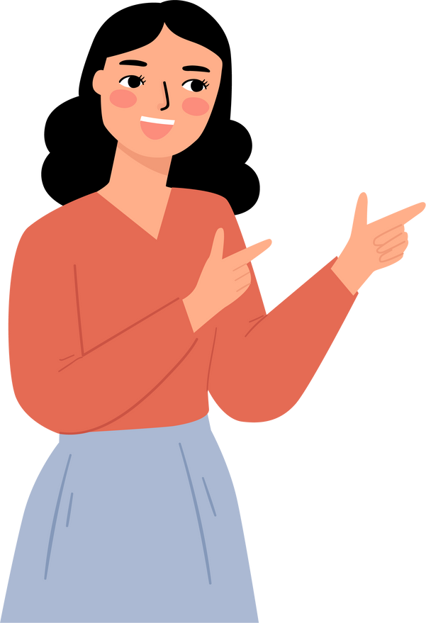 Young woman pointing finger explaining something cartoon drawing